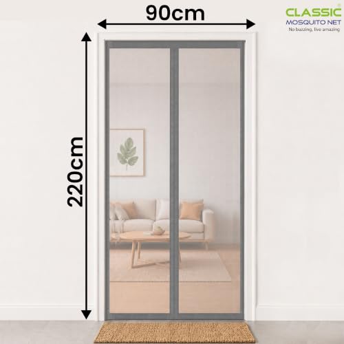 Image of Classic Mosquito Net for Doors with Magnet - Heavy-Duty Fiberglass Mesh | Strong Auto-Close Magnets | Full Frame Hook-&-Loop | DIY Installation for Wooden /UPVC /Marble Doors (220x90 cm, Grey)