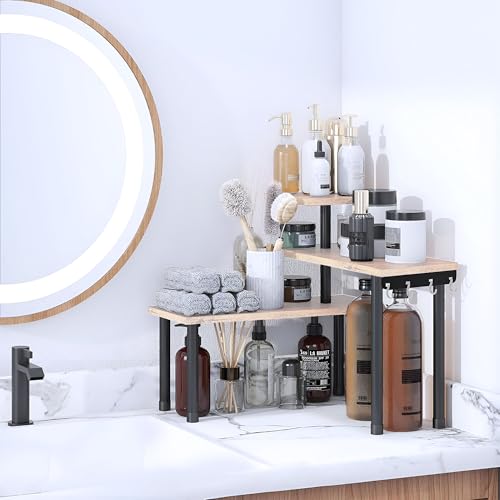 Image of ABJA Stylish Wooden Rack for Kitchen Storage, Corner Shelf for Kitchen Organizer, 3 Tier Spice, Oil Stand, Tabletop Adjustable Rack for Makeup, Office (Classic Beige, 3 Tier Corner)