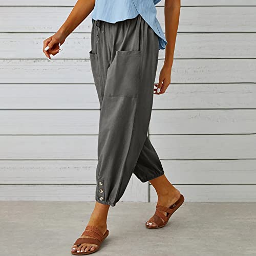 Lightweight Casual Summer Pants For Women Trendy Elastic High Waisted Cotton Linen Cropped Pant Trousers Loose Comfy #TOP5