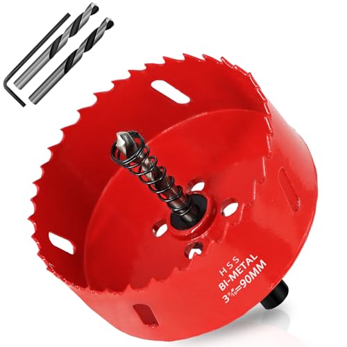 KACNON Sierras de corona bimetálicas de 90 mm, M42 HSS, con adaptador hexagonal y punta de centrado, para perforar plástico, PVC, madera, fibra de madera, metal blando, rojo