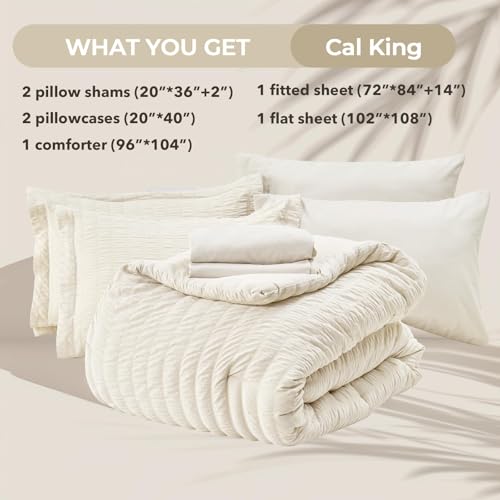 Image of HYMOKEGE Ivory California King Comforter Set Seersucker 7 Pieces, All Season Luxury Bed in a Bag for Bedroom, Bedding Set with Comforters, Sheets, Pillowcases & Shams