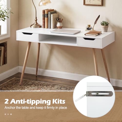 Image of Tangkula Mid Century Modern Desk Simple Computer Desk | White Writing Desk Vanity Table w /2 Drawers & Open Center Storage, Small Wooden Study Table for Home Office & Compact Spaces
