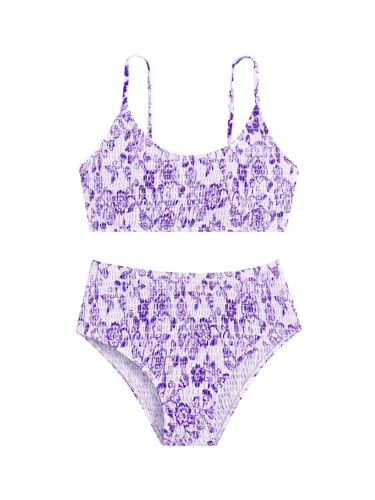 Image of SHENHE Girl's 2 Piece Teen Swimsuit Boho Floral High Waisted Smocked Bikini Bathing Suit