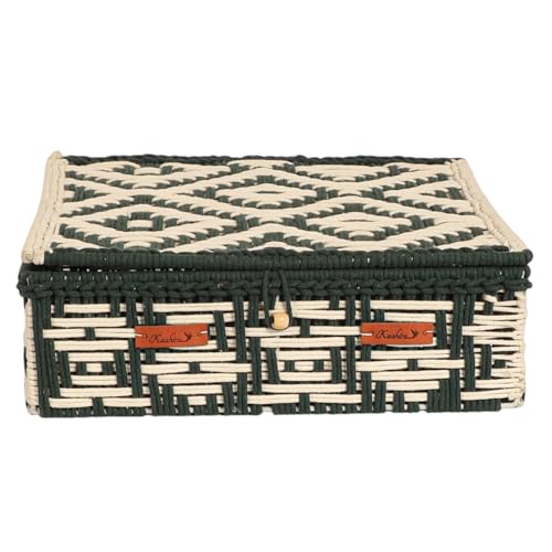 Image of Kaahira Handmade Decorative Storage Box and Organiser | Macrame Gift Hamper Box for Cosmetics, Toiletries & Return Gifts | Aesthetic Rope Woven Organizer (Green and White, Large - 14x10x4 inches)