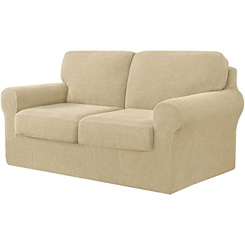 ストレッチソファカバー 2人掛け 5点セット ラブシート用スリップカバー 背もたれと座面クッション別々 チェック柄 スパンデックス カウチカバー (クリーム色)