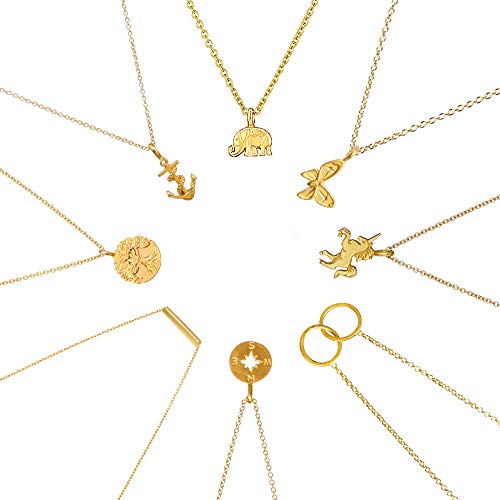 8Pack Friendship Unicorn Necklace Set Good Luck Elephant Pendant Chain Necklace with Message Card Party Favors Birthday Gifts for Women (Gold)2