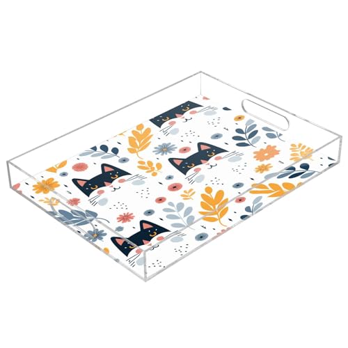IOACIY Clear Serving Tray 12x16 Inches Acrylic Decorative Tray Organiser for Ottoman Coffee Table Countertop with Handles, Cute Cat (6)