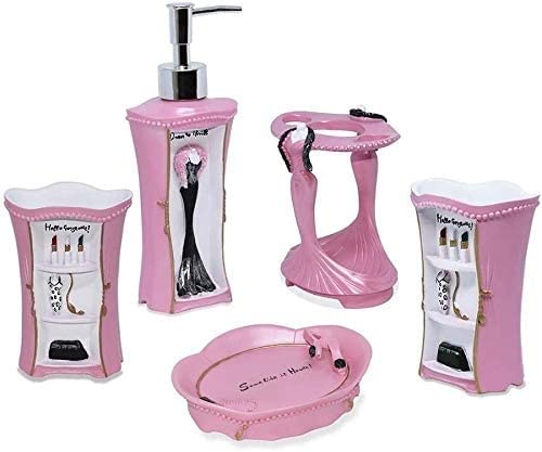 Ensemble salle de bain rose 5 pièces en résine avec gobelet et porte-brosse