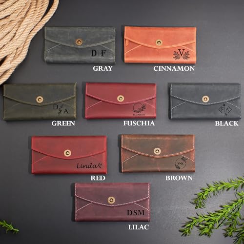 FRED PARKER Personalized Leather Wallet for Women – Custom Cowhide Womens Wallet, Handmade Long Wallet with Card Slots, Christmas Gift for Her (Customizable, Green, 7.4x4.1)4