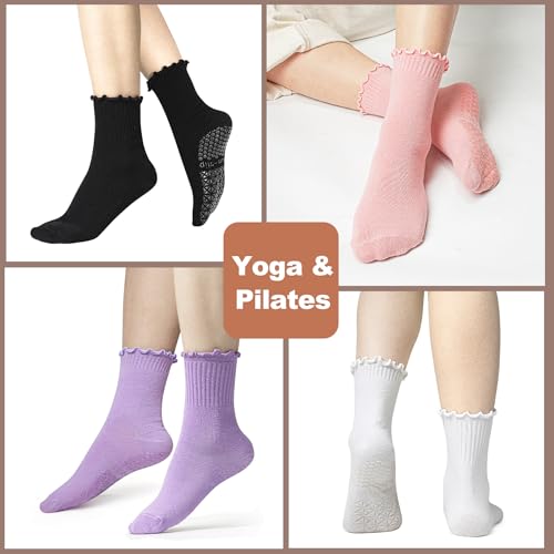 Image of Yoga Socks Non Slip Grips Anti Skid Women Athletic Socks Pilates Ballet Barre Crew Socks Ruffle Cuff 2 Pairs