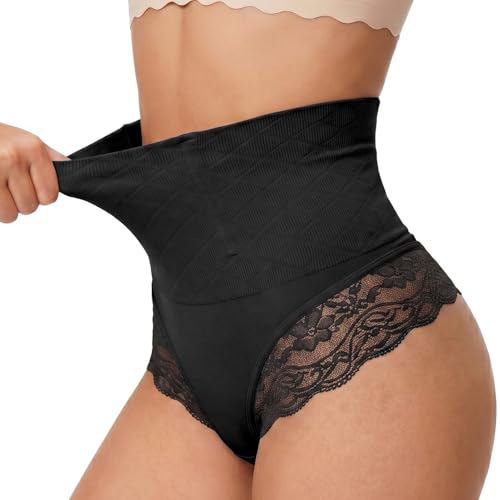 DiULi Culotte Gainante Femme Ventre Plat, Shorty Gainant Taille Haute avec Baleines Flexibles Intégrées, Gainant Invisible Sous Vêtements, Dentelle Respirant et Façonant les Hanches, Nior-M