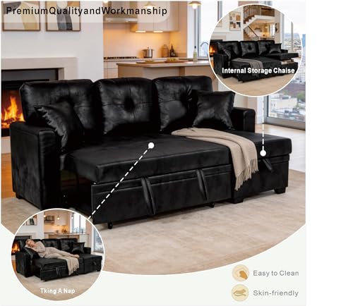 Image of KEIKI 71 inch Sectional Sleeper Sofa with Pull Out Bed, L Shaped Sleeper Sofa with Reversible Chaise, 3 Seater Modular Sectional Sofa with Storage for Living Room, Classic Black