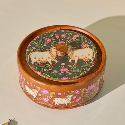 Image of Brick Brown Vana Wooden Masala Box with Lid | Pichwai Meena Embossed Spice Box Organizer | Handcrafted Masala Dani with 7 Steel Containers & Wooden Spoon | Spice Storage for Kitchen (8.3x4.3 Inch)