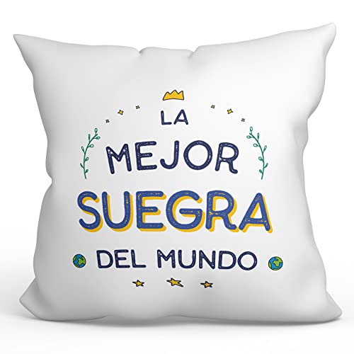 MUGFFINS Cojín 40x40 cm para Suegra Relleno Incluído - En Español - El Mejor del Mundo - Regalo Original y Divertido