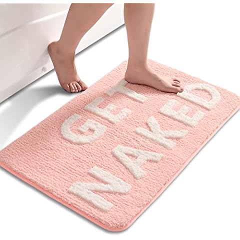 QJHOMO Get Naked Bath Mat Cute Pink and White Bathroom Rugs Funny Non Slip Bathtub Decor Mats Super Absorbent Floor Carpet Machine Washable Bahtmat for Tub, Shower, Bedroom (20x32 inch) Cover
