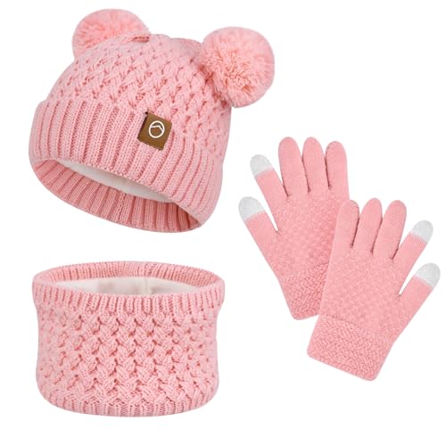 Image of Kids Winter Hat Gloves Scarf Set,Toddler Girls Winter Hat Kids Beanie with Pom Neck Warmer Gaiter Mittens Fleece Lined Set