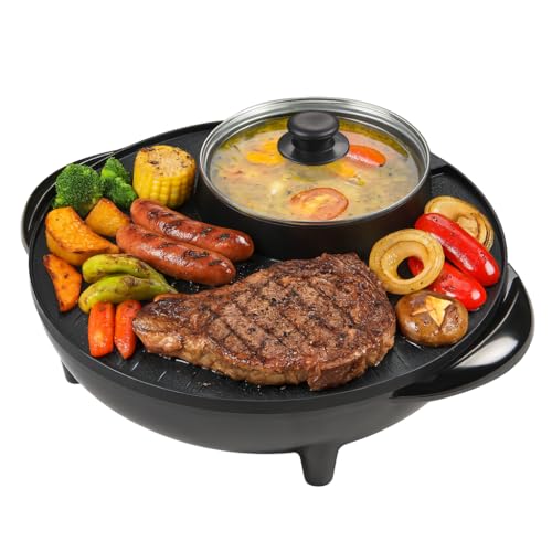 OVENTE Electric Hot Pot and Grill Combo, 2-in-1 Portable Countertop Cooker with Temperature Control Perfect for Korean BBQ, Shabu Shabu and Soup with Free Strainer, Chopsticks and Tong, Black GH10133B
