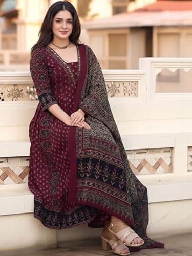 Image of ASSUME FAB Women's Blue Viscose Ajrakh Print Anarkali Kurta with Pant & Dupatta Set | Ethnic V-Neck Flared Salwar Suit for Wedding