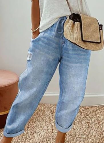 Women's Light Blue Distressed Wide Leg Jeans 2025 Spring Summer Casual Comfortable Denim Pants with Rolled Hem2