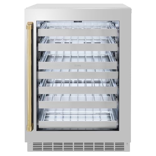 ZLINE Autograph Edition 24 in. Touchstone Dual Zone 44 Bottle Wine Cooler With Stainless Steel Glass Door And Polished Gold Handle (RWDOZ-GS-24-G)