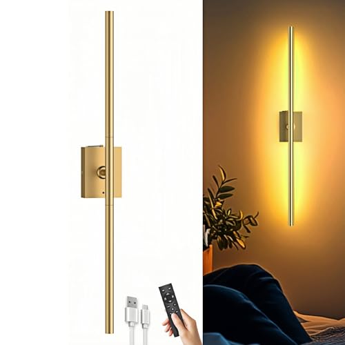 Image of iThird 1 Pack Battery Operated Wall Sconce, Wireless Battery Wall Sconce with Remote Control, Gold LED Rechargeable Sconces, 31.5 Inch Modern Cordless Wall Lights for Bedroom Living Room Picture