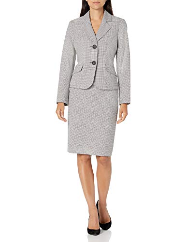 Le Suit Women's 2 Button Notch Collar Flap Pocket Glen Plaid Slim Skirt Suit, Grey/White, 6