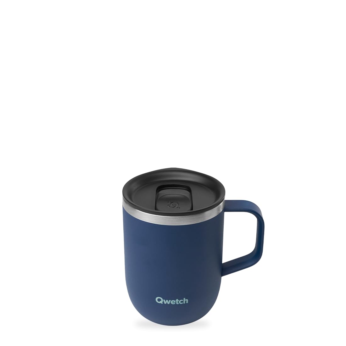 Qwetch – Tazza Termica 350 ml con Manico Blu Notte – Mug Termica Caffè & Tè – Acciaio Inox Riciclato 90% – 6h Caldo / 12h Freddo – Coperchio Scorrevole Antigoccia – Compatibile con Filtri