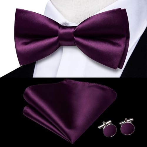 Image of Hi-Tie 5Pcs Mens Solid Color Silk Tie Satin Pretied Bowtie Lapel Pin for Men Handkerchief Cufflink Wedding Gift Box