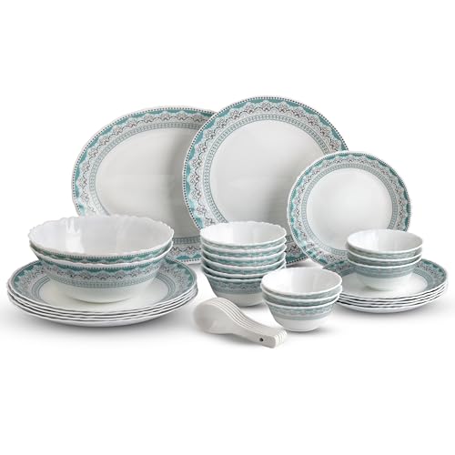 Image of CELLO Celeste Imperial Plus Series Opalware Dinner Set of 33 Piece For Family of 6 | Bone-Ash Free & Leadfree Opal Glass Microwave & Dishwasher Safe Crockery Plates & Bowls Set For Daily Use & Gifting