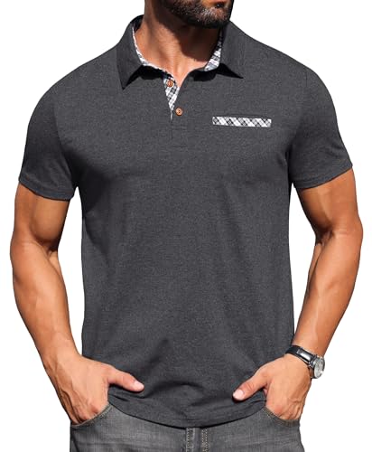 Sailwind Men's Polo Shirts Lightweight Short Sleeve Casual Cotton T-Shirt Summer Button Collared Golf Tee with Pocket Dark Gray