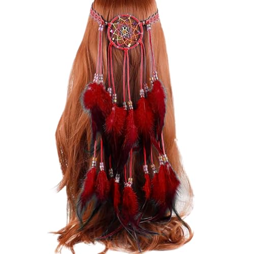 Diadema de plumas para mujer tocado Hippie bohemio estilo americano para y Festival (Red One Size)