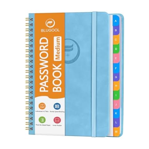 Password Book with Alphabetical Tabs, Password Keeper Book for Seniors, Individual & Colorful Tabs, Spiral Hardcover Password Notebook for Website Logins, 5.7" x 7.7", Blue Cover