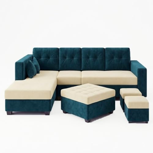 Image of FURNY Nathan 8 Seater L Shape Sofa Set LHS (Green Teal-Cream) | Suede Velvet Finish | Durable Comfort Sofa for Modern Living Room & Office Spaces