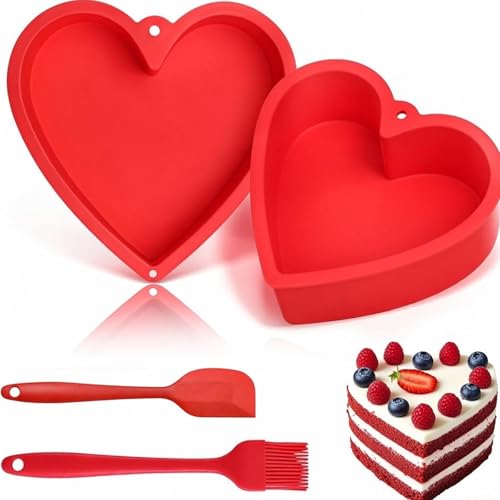 LPVVPEZ Heart Shaped Cake Tin Set of 2 Silicone 8 Inch Cake Tins for Baking Nonstick & Reusable Heart Cake Moulds with Brush and Scraper BPA Free Baking Pans for Muffins Cakes Pudding Bread