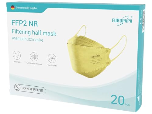 EUROPAPA® 20x FFP2 Mascarillas faciales con forma de pez amarillo Mascarilla respiratoria Mascarillas antipolvo de 4 capas Mascarilla facial higiénica envasada individualmente con EN149 EU2016/425