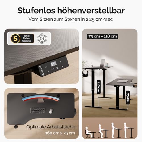 Casaria® Höhenverstellbarer Schreibtisch 160x75 cm elektrisch mit Kopfhörerhalter Tassenhalter Modern Büro Gaming PC Computer Tisch Schwarz Carbon-Optik – Bild 4