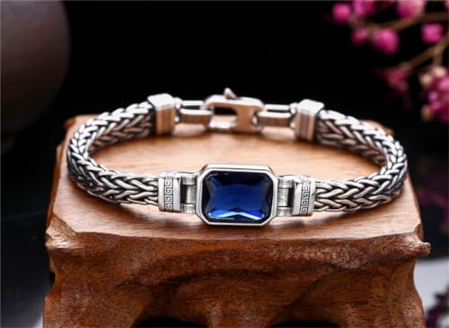 S925 Sterling Silver Braided Punk Bracelet, Men's Blue Zirconia Vintage Bracelet2