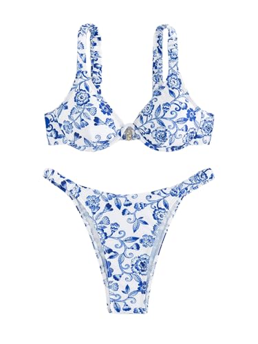 SHENHE Women's Underwire Bikini Sets 2 Piece Floral Push Up Bikini and High Cut Thong Cheeky Brazilian Swimsuit