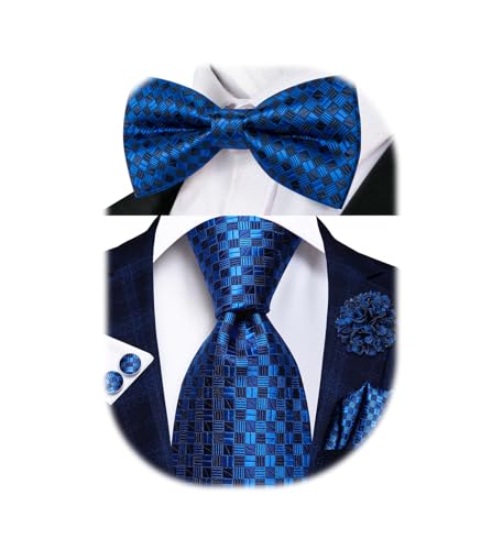 Image of Hi-Tie 5Pcs Mens Solid Color Silk Tie Satin Pretied Bowtie Lapel Pin for Men Handkerchief Cufflink Wedding Gift Box Blue