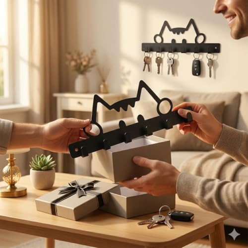 Image of Key Holder for Home, Metal Wall Mounted, 6 Hooks (Cute Cat) | Cat Design, Includes Mounting Screws, For Home Use, 6 Hook Hanger, Metal Construction