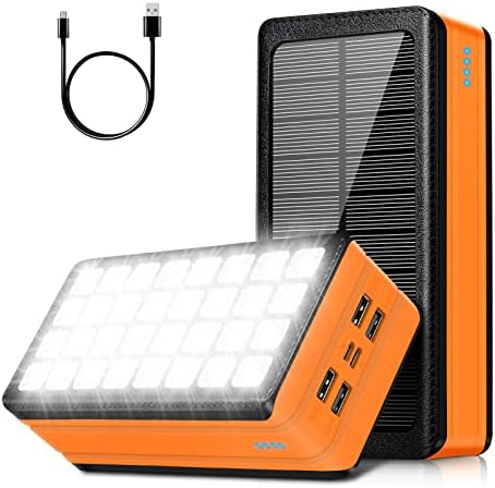 Solar Charger Power Bank, 60000mAh Portable Charger Compatible with iPhone, Cell Phone, 32 LEDs External Battery Pack for Outdoor Camping, Home Emergency, 4 Output& 2 Input Ports (Orange)