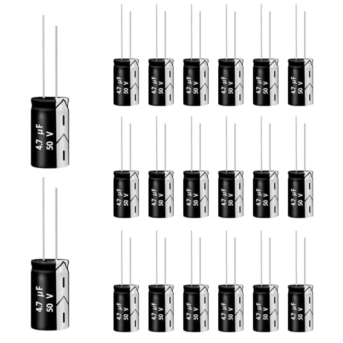 ANGEEK 4.7µF 50V 4x7mm 50/60HZ Condensador electrolítico de aluminio | Condensador de 4.7uF 50V,adecuado para diversas aplicaciones electrónicas y electrodomésticos (20 unidades)
