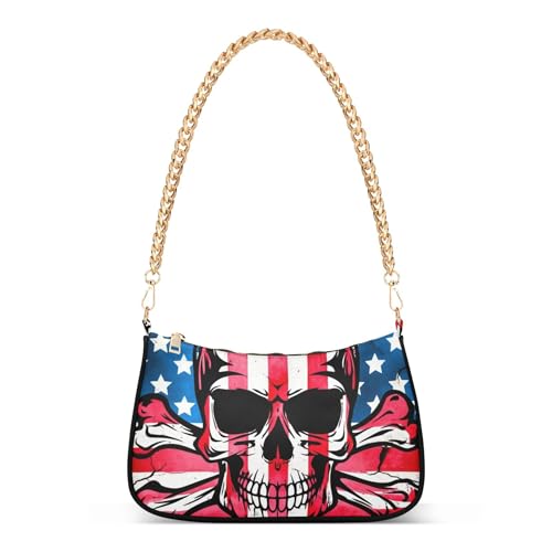 Grunge American Flag Skull Colorful Shoulder Bag for Women Casual Hobo Purse Pattern Medium Handbag Tote Zipper Closure