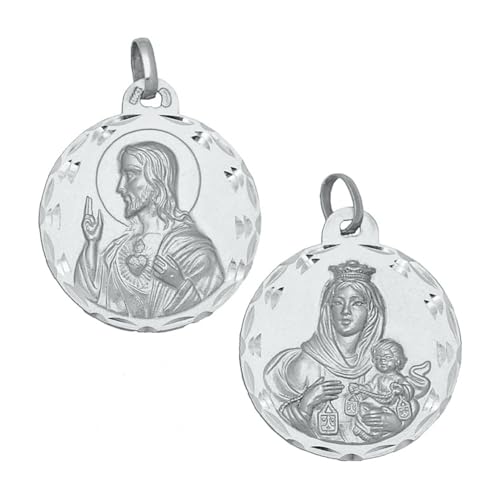 Minoplata Medalla Escapulario Virgen del Carmen y Sagrado Corazón, Plata de Ley 925, 20mm, Borde Tallado, Religiosa