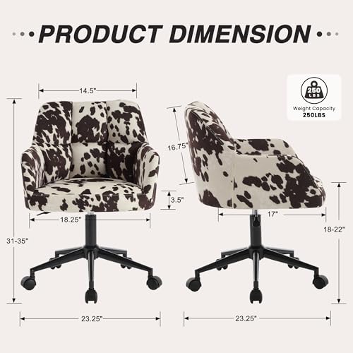Image of Modern Swivel Home Office Desk Chairs with Wheels and Arms Set of 2, Cow Print Velvet Height Adjustable Comfortable Ergonomic Desk Chairs, Wide Cute Cowhide Computer Armchairs for Living Room Home