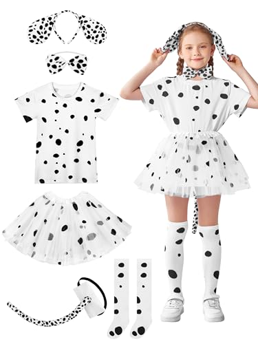 SOMSOC 6 Pieces Girls Dalmatian Costume, 100 Days of School Kids Dog Costume T-Shirt Headband Tail Bow tie Socks Tutu Skirt