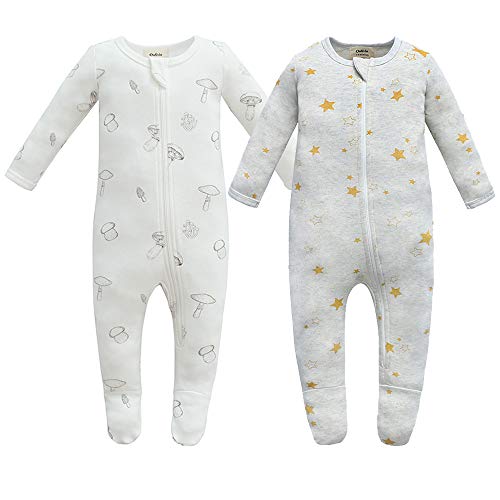 Owlivia Organic Cotton Baby Pajamas, Boys Girls 2 Pack Zip Front Sleep 'N Play, Footed Sleeper, Long Sleeve(Newborn, Golden Star & Mushroom)