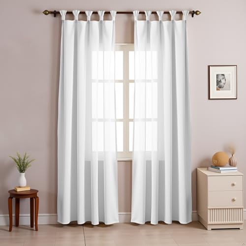 Image of HOMEMONDE Cotton Sheer Curtains 5 Feet Long Set of 2 - Twist Tab Top Window Curtain Light Filtering Transparent Solid Sheer Drapes - (60 Inches, White)