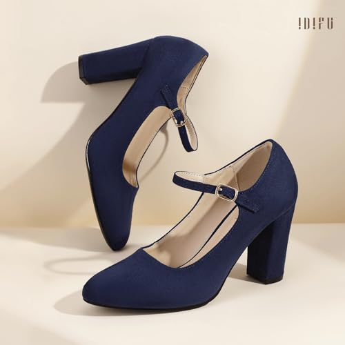 IDIFU IN4 Women's Pumps Mary Jane Dress Shoes for Women Closed Toe High Chunky Block Heels Dressy Wedding Bride Prom Graduation Business Heels Comfortable Formal Vintage Round Toe Pumps Shoes4