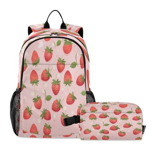Sac à dos motif fraise rose avec boîte à déjeuner pour enfants